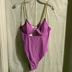 Women’s One Piece Purple Swimsuit Sz Large Gold Chain Straps Cutout Beach Resort